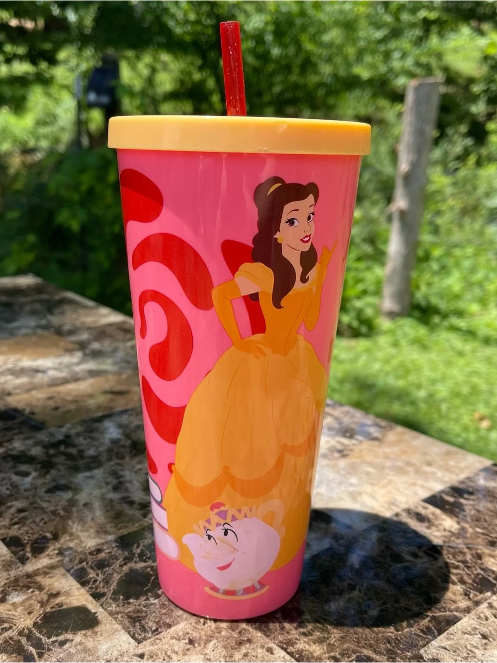 Disney Belle Pink, Yellow & Red Plastic Party Cup with Straw